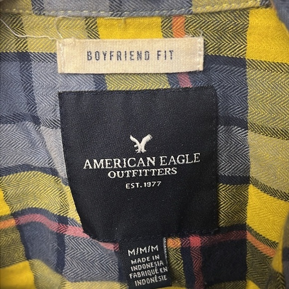 AMERICAN EAGLE Women Boyfriend Fit Yellow Plaid snap Button Down Flannel Shirt M - Picture 2 of 8